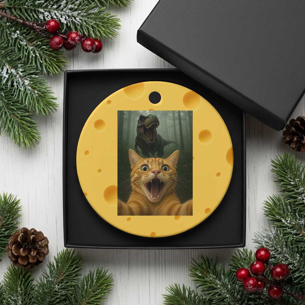Cat Selfie With Dinosaur Ceramic Ornament Funny Cat Gifts - Wonder Print Shop