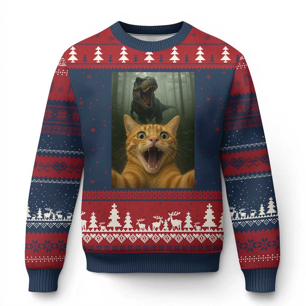 Cat Selfie With Dinosaur Ugly Christmas Sweater Funny Cat Gifts - Wonder Print Shop