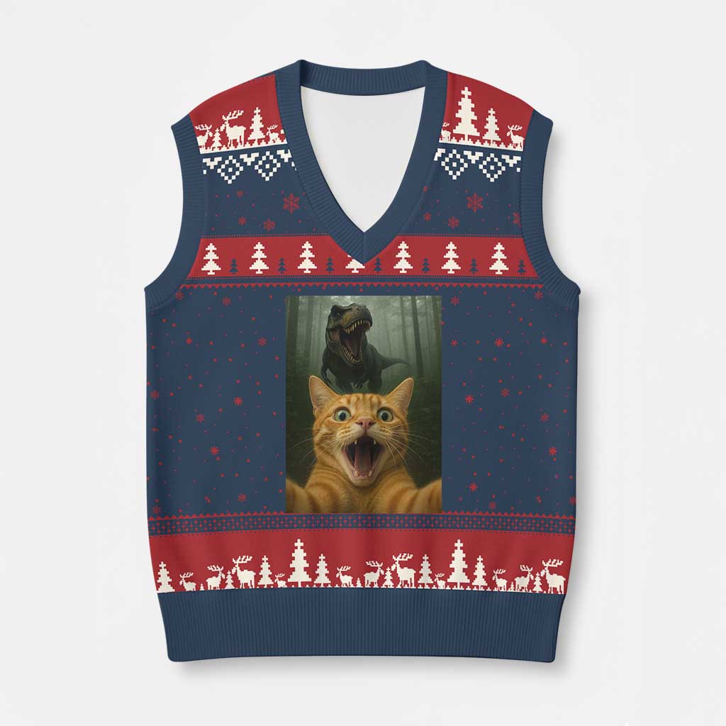Cat Selfie With Dinosaur V-Neck Knit Sweater Vest Funny Cat Gifts - Wonder Print Shop