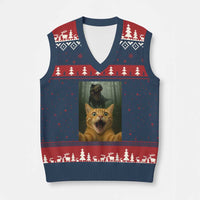 Cat Selfie With Dinosaur V-Neck Knit Sweater Vest Funny Cat Gifts - Wonder Print Shop