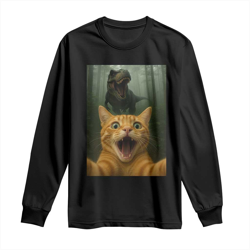 Cat Selfie With Dinosaur Long Sleeve Shirt Funny Cat Gifts - Wonder Print Shop