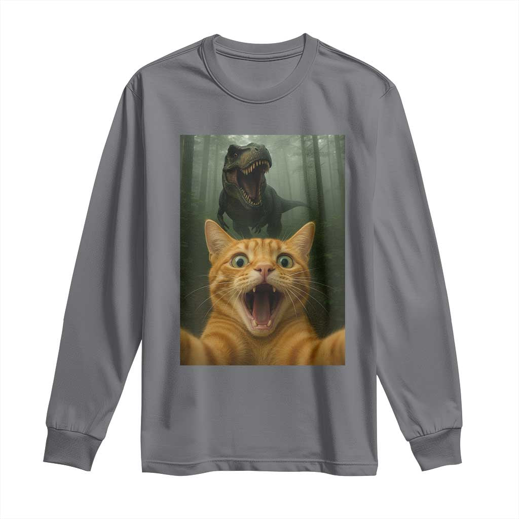Cat Selfie With Dinosaur Long Sleeve Shirt Funny Cat Gifts - Wonder Print Shop