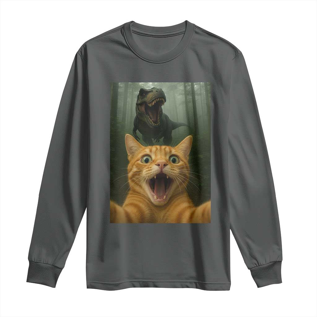 Cat Selfie With Dinosaur Long Sleeve Shirt Funny Cat Gifts - Wonder Print Shop