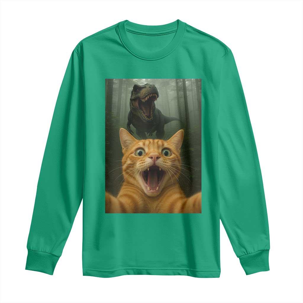 Cat Selfie With Dinosaur Long Sleeve Shirt Funny Cat Gifts - Wonder Print Shop