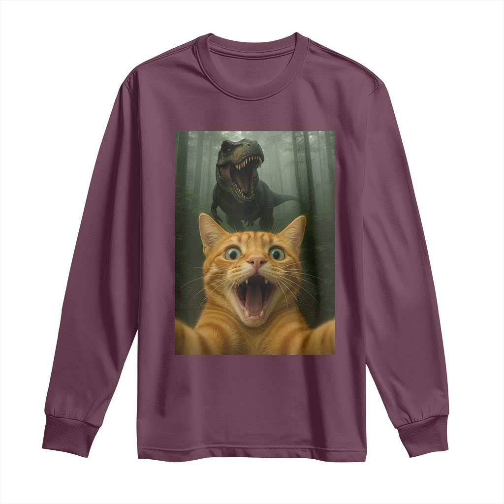 Cat Selfie With Dinosaur Long Sleeve Shirt Funny Cat Gifts - Wonder Print Shop