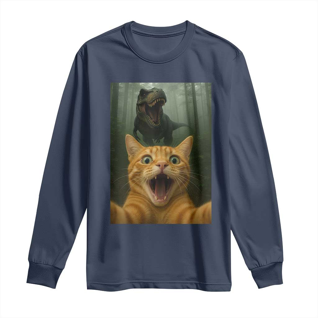 Cat Selfie With Dinosaur Long Sleeve Shirt Funny Cat Gifts - Wonder Print Shop