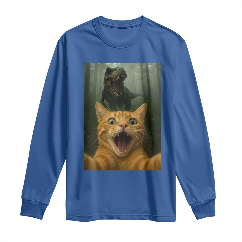 Cat Selfie With Dinosaur Long Sleeve Shirt Funny Cat Gifts - Wonder Print Shop