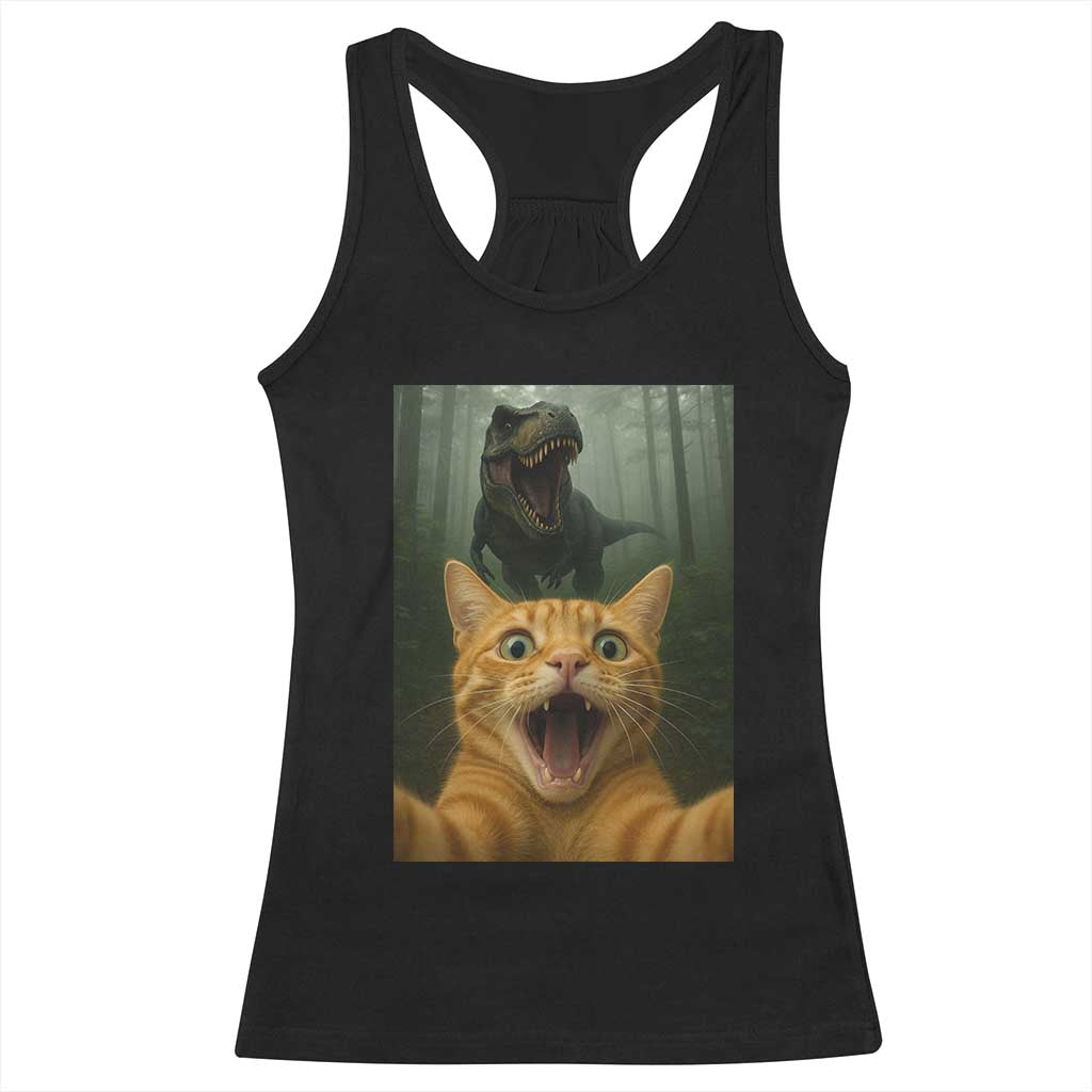 Cat Selfie With Dinosaur Racerback Tank Top Funny Cat Gifts - Wonder Print Shop