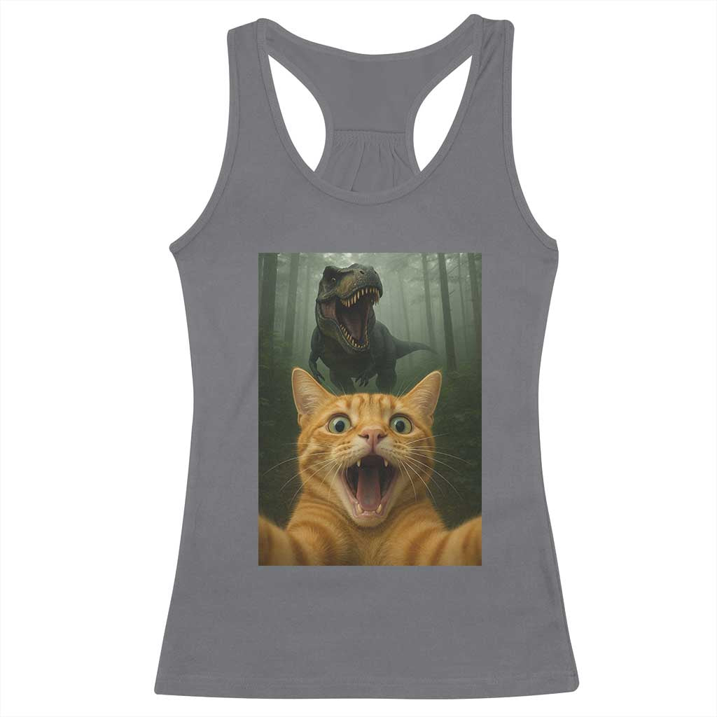 Cat Selfie With Dinosaur Racerback Tank Top Funny Cat Gifts - Wonder Print Shop