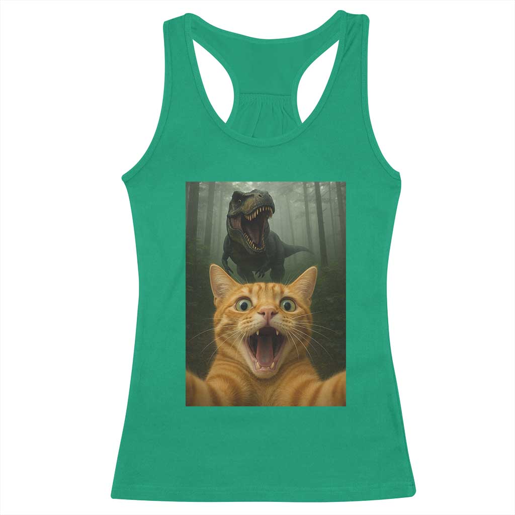 Cat Selfie With Dinosaur Racerback Tank Top Funny Cat Gifts - Wonder Print Shop
