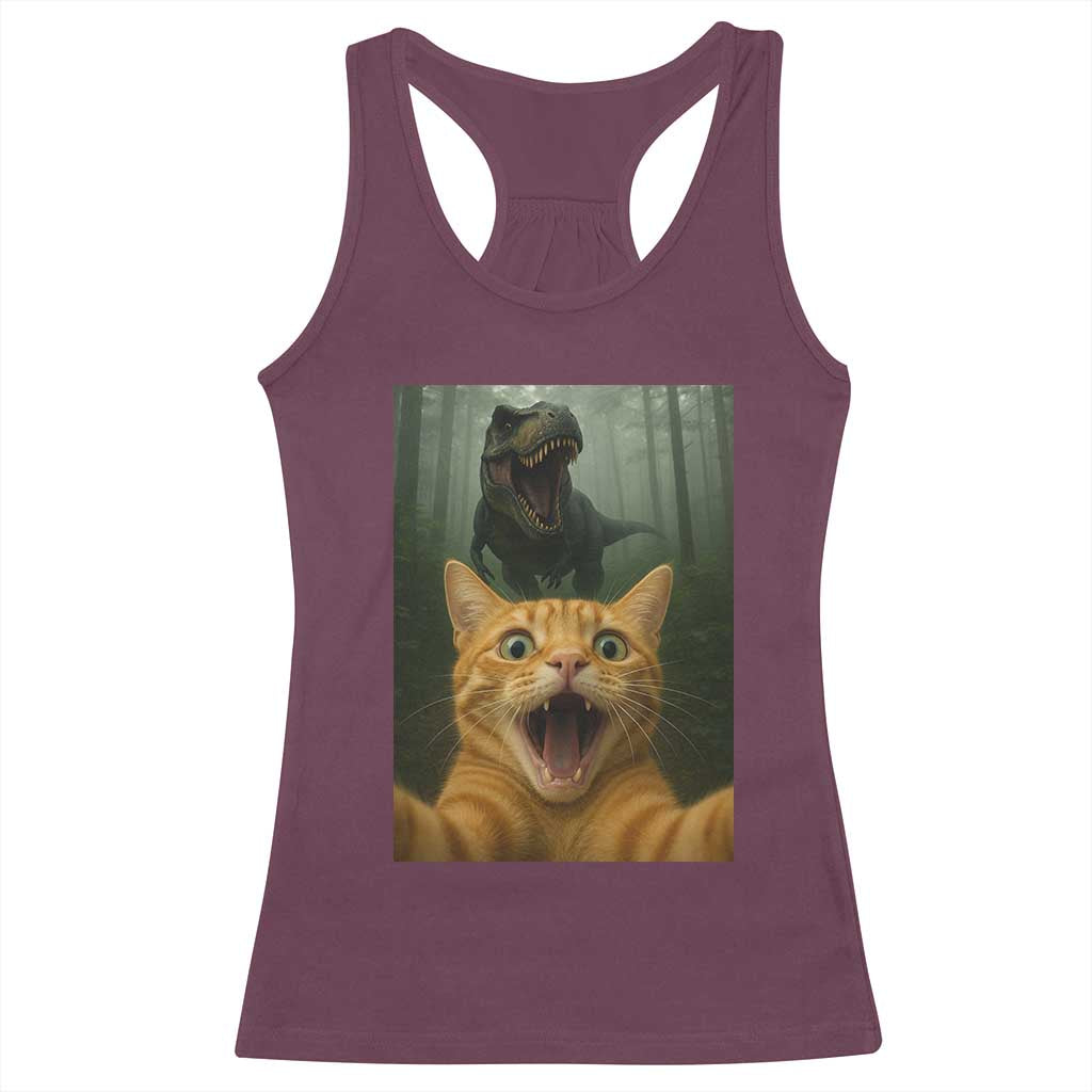 Cat Selfie With Dinosaur Racerback Tank Top Funny Cat Gifts - Wonder Print Shop