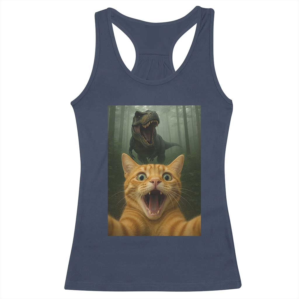 Cat Selfie With Dinosaur Racerback Tank Top Funny Cat Gifts - Wonder Print Shop