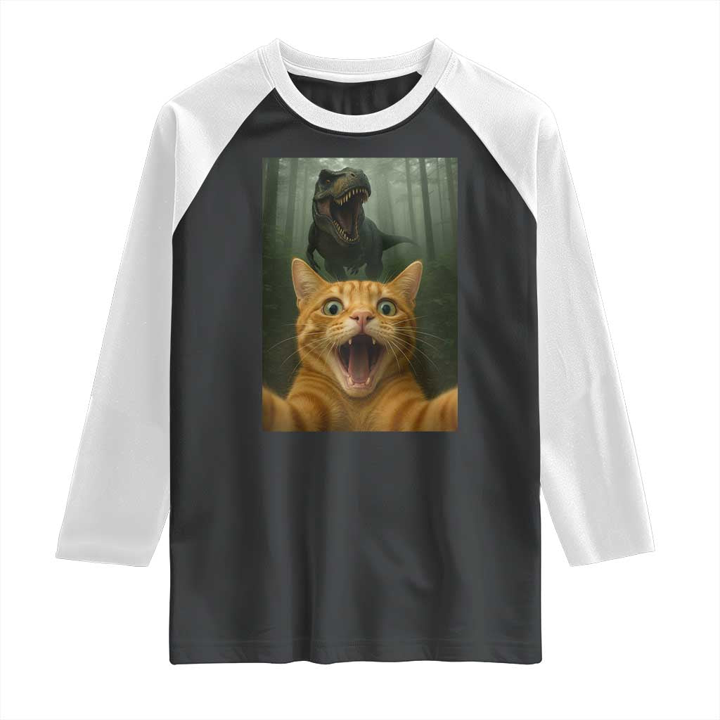 Cat Selfie With Dinosaur Raglan Shirt Funny Cat Gifts - Wonder Print Shop