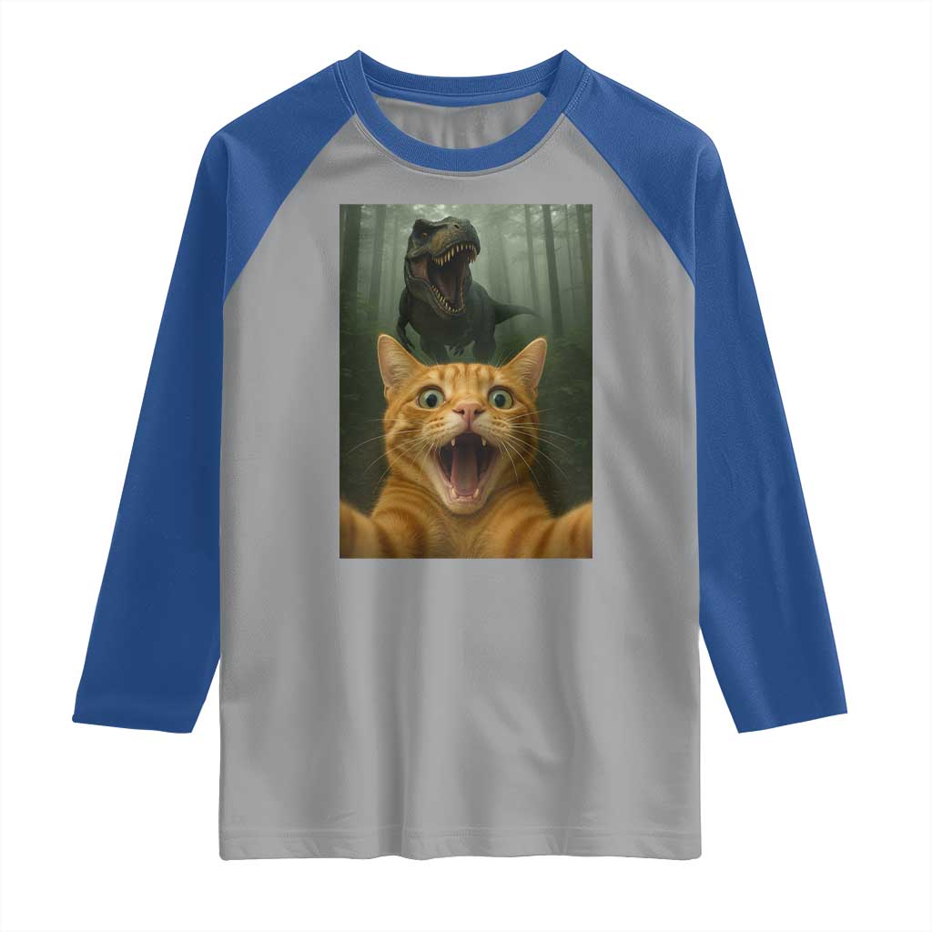 Cat Selfie With Dinosaur Raglan Shirt Funny Cat Gifts - Wonder Print Shop