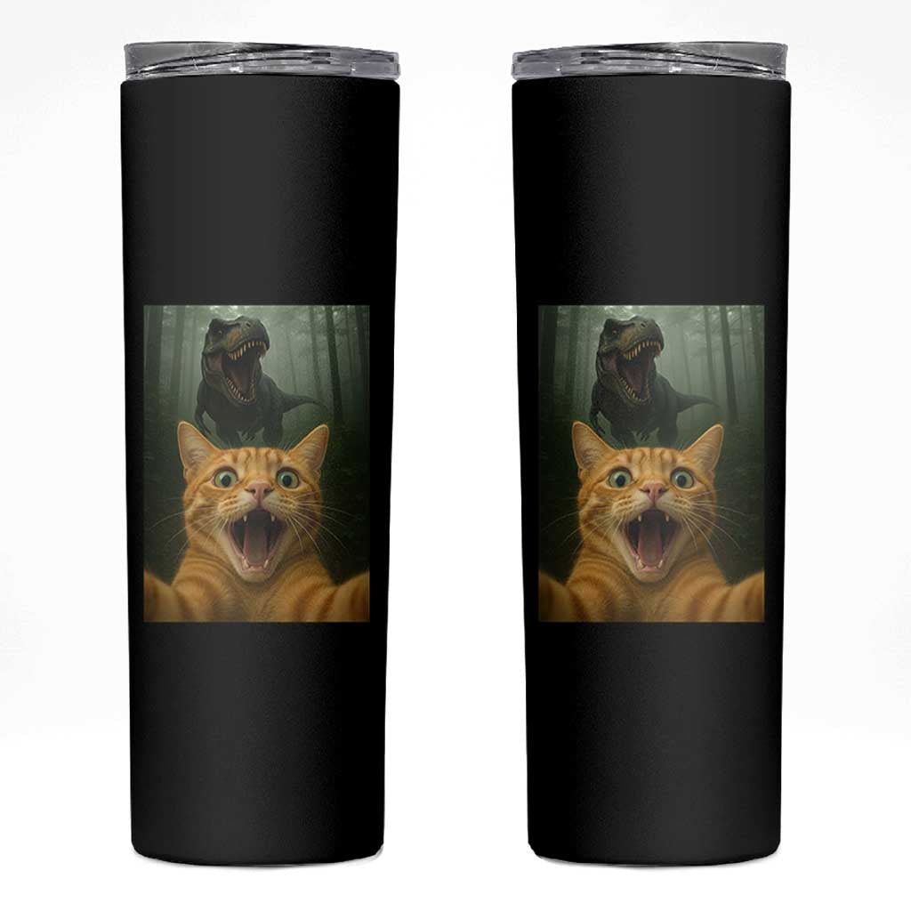 Cat Selfie With Dinosaur Skinny Tumbler Funny Cat Gifts - Wonder Print Shop