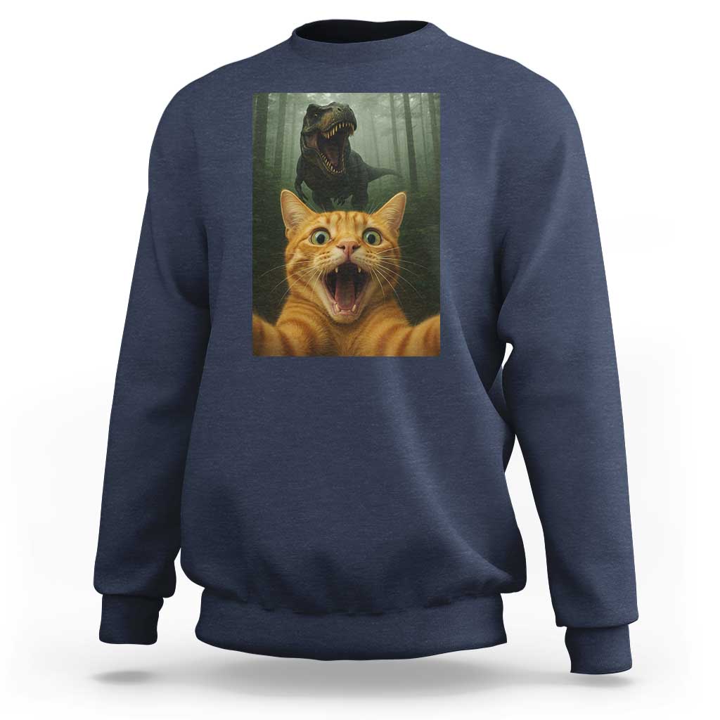 Cat Selfie With Dinosaur Sweatshirt Funny Cat Gifts - Wonder Print Shop