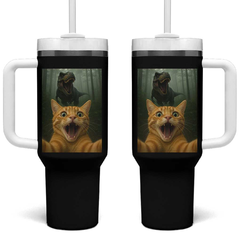 Cat Selfie With Dinosaur Tumbler With Handle Funny Cat Gifts - Wonder Print Shop