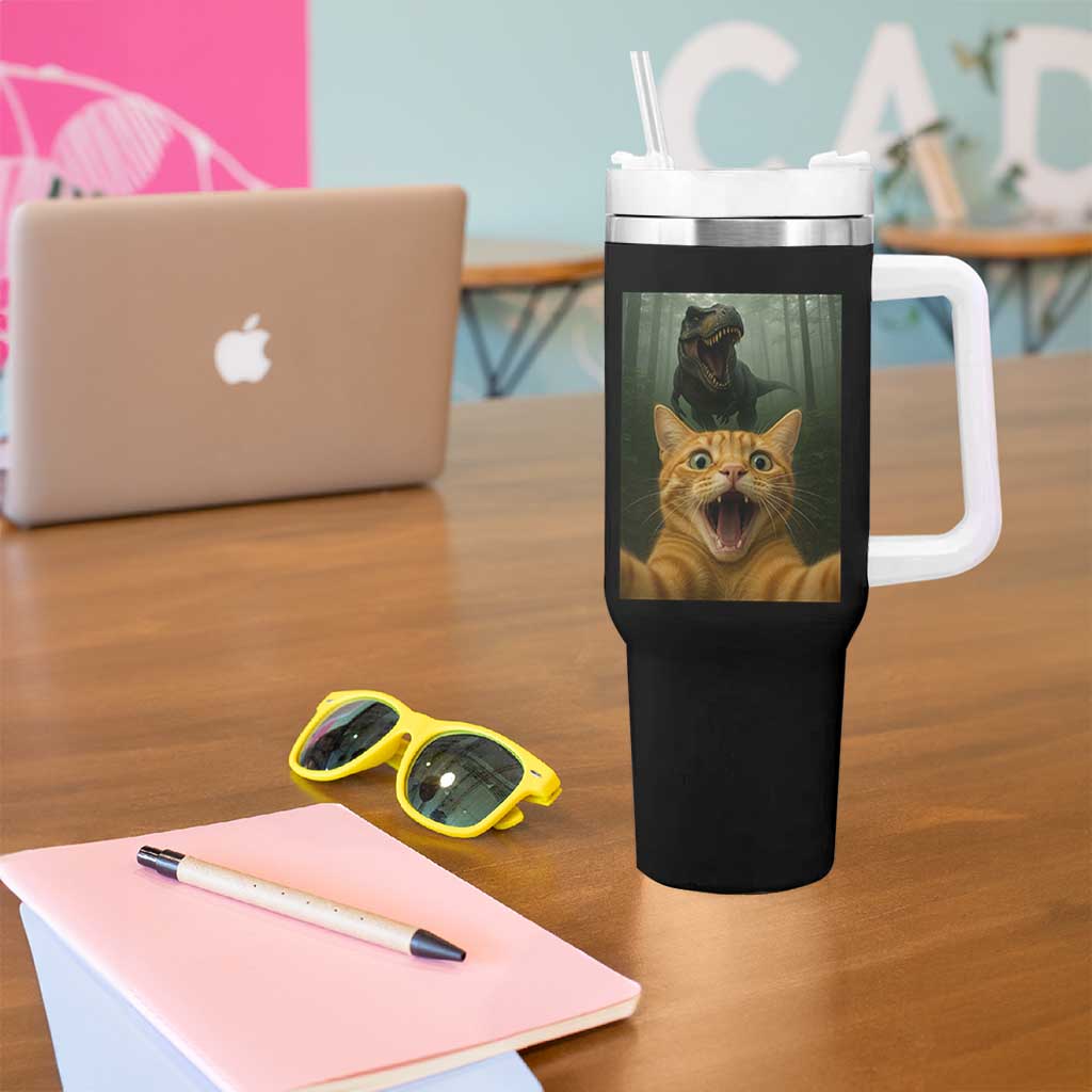Cat Selfie With Dinosaur Tumbler With Handle Funny Cat Gifts - Wonder Print Shop