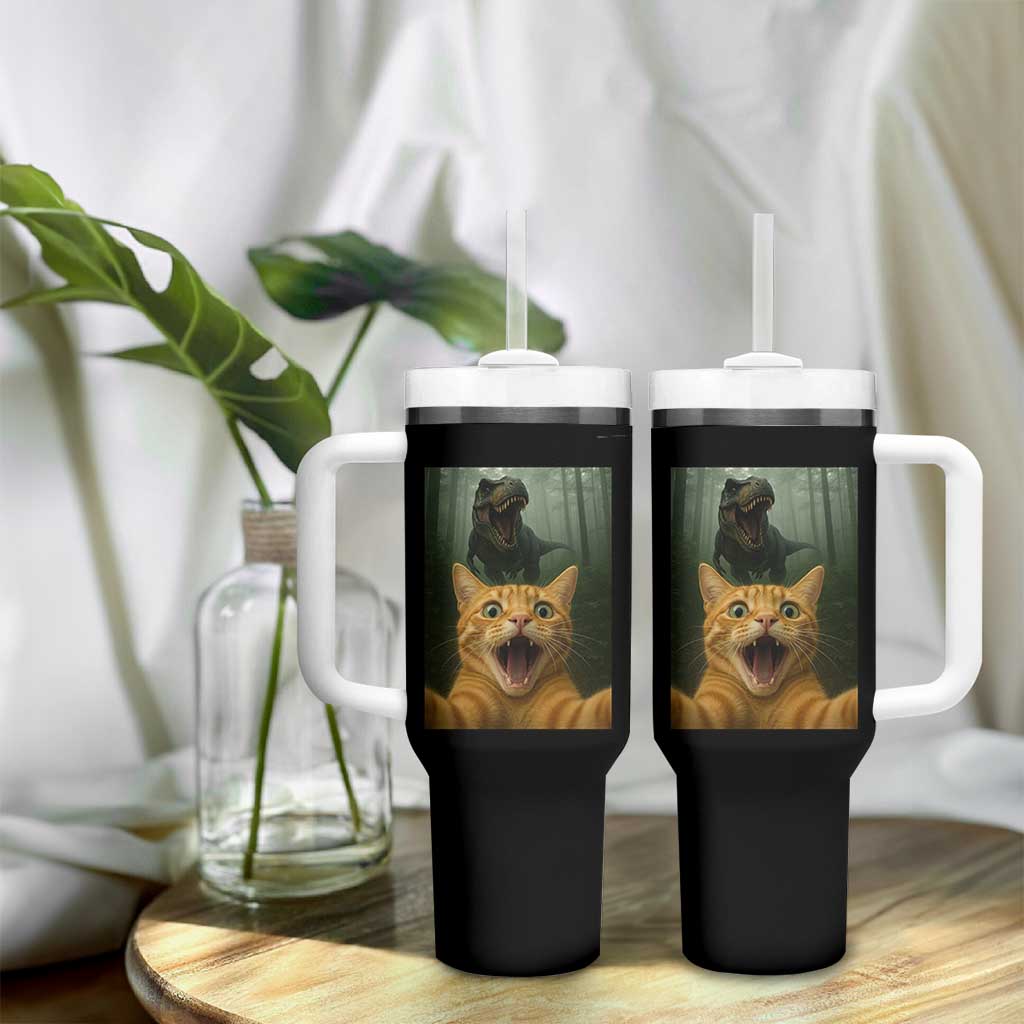 Cat Selfie With Dinosaur Tumbler With Handle Funny Cat Gifts - Wonder Print Shop