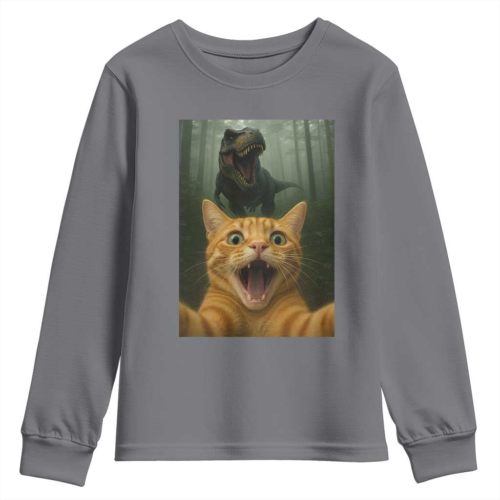 Cat Selfie With Dinosaur Youth Sweatshirt Funny Cat Gifts - Wonder Print Shop