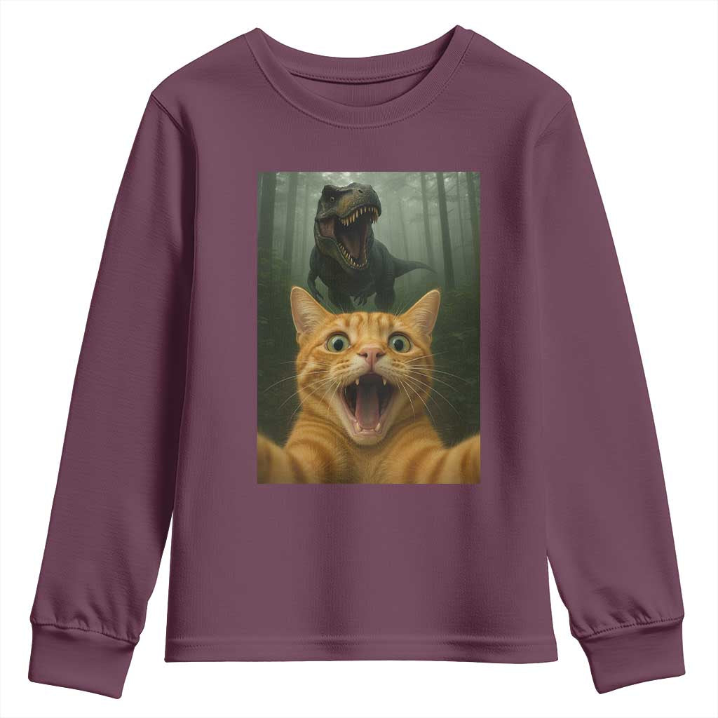 Cat Selfie With Dinosaur Youth Sweatshirt Funny Cat Gifts - Wonder Print Shop