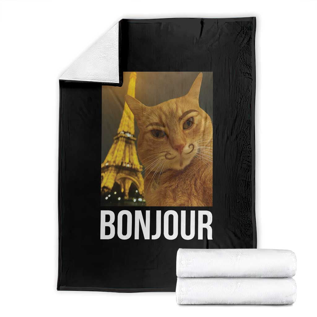 Funny Cat Bonjour Throw Blanket Paris France Eiffel Tower Orange Cat Meme - Wonder Print Shop