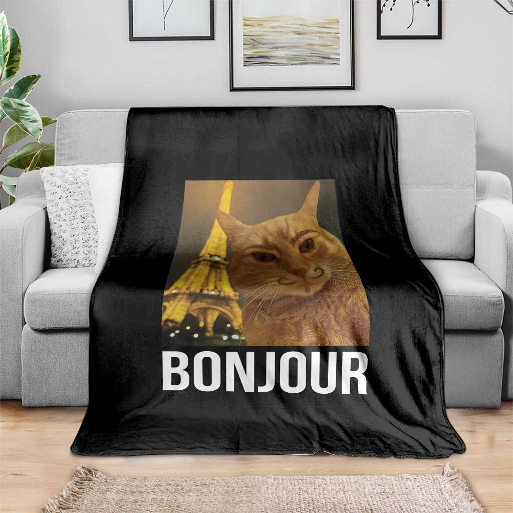 Funny Cat Bonjour Throw Blanket Paris France Eiffel Tower Orange Cat Meme - Wonder Print Shop