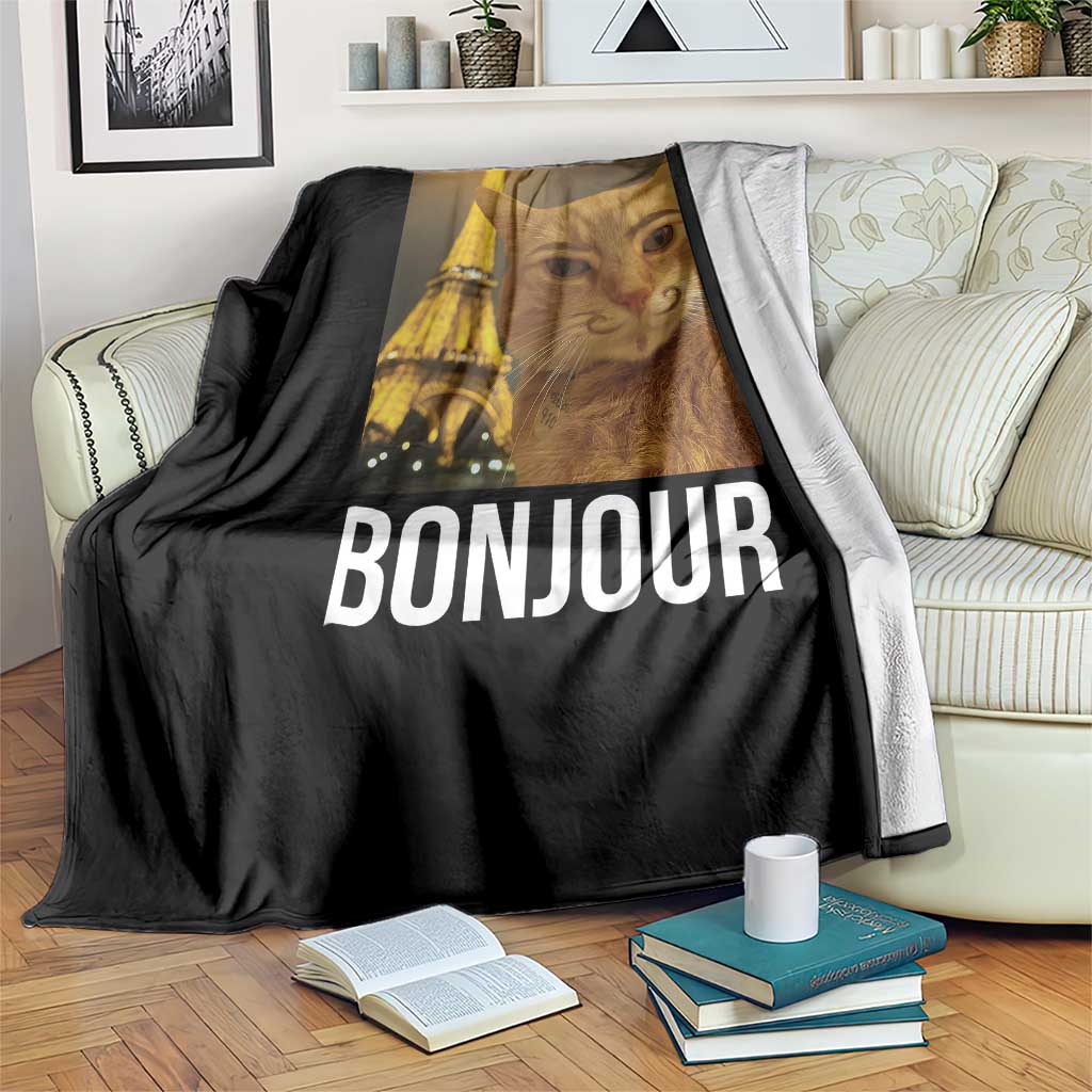 Funny Cat Bonjour Throw Blanket Paris France Eiffel Tower Orange Cat Meme - Wonder Print Shop