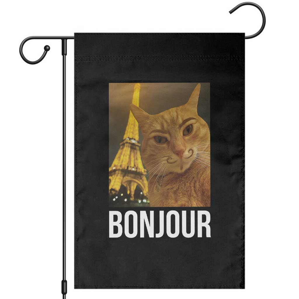 Funny Cat Bonjour Garden Flag Paris France Eiffel Tower Orange Cat Meme - Wonder Print Shop