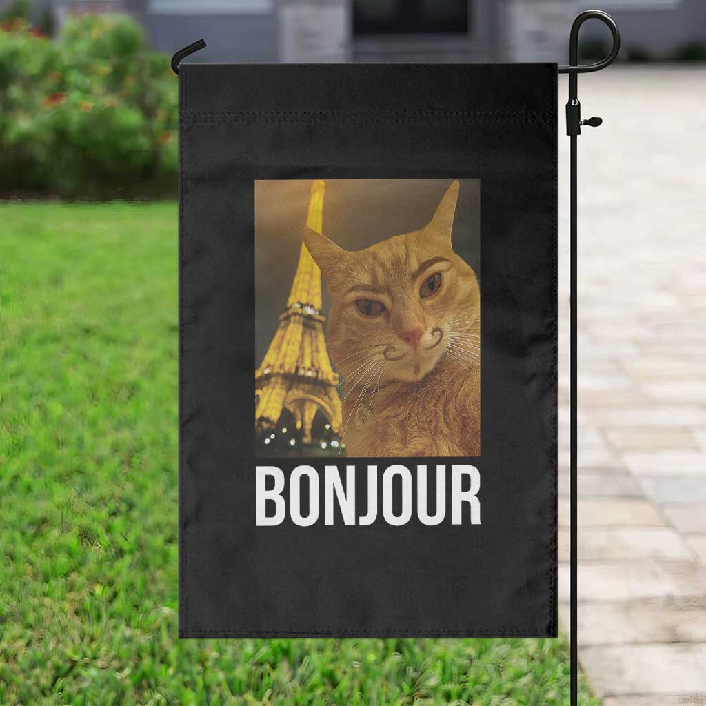 Funny Cat Bonjour Garden Flag Paris France Eiffel Tower Orange Cat Meme - Wonder Print Shop