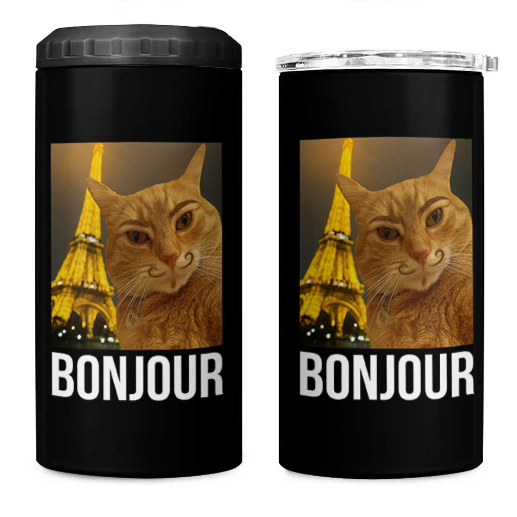 Funny Cat Bonjour 4 in 1 Can Cooler Tumbler Paris France Eiffel Tower Orange Cat Meme - Wonder Print Shop