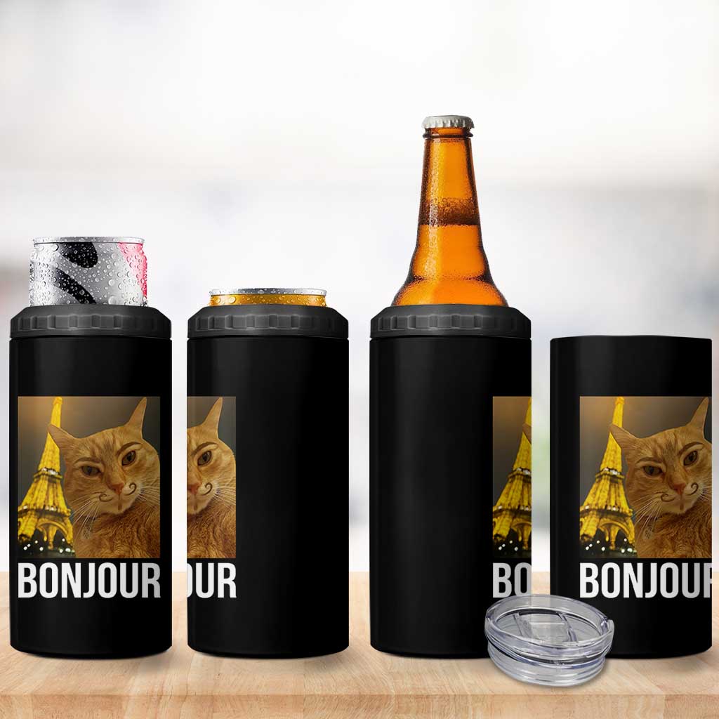 Funny Cat Bonjour 4 in 1 Can Cooler Tumbler Paris France Eiffel Tower Orange Cat Meme - Wonder Print Shop