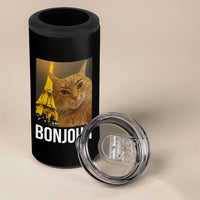 Funny Cat Bonjour 4 in 1 Can Cooler Tumbler Paris France Eiffel Tower Orange Cat Meme - Wonder Print Shop