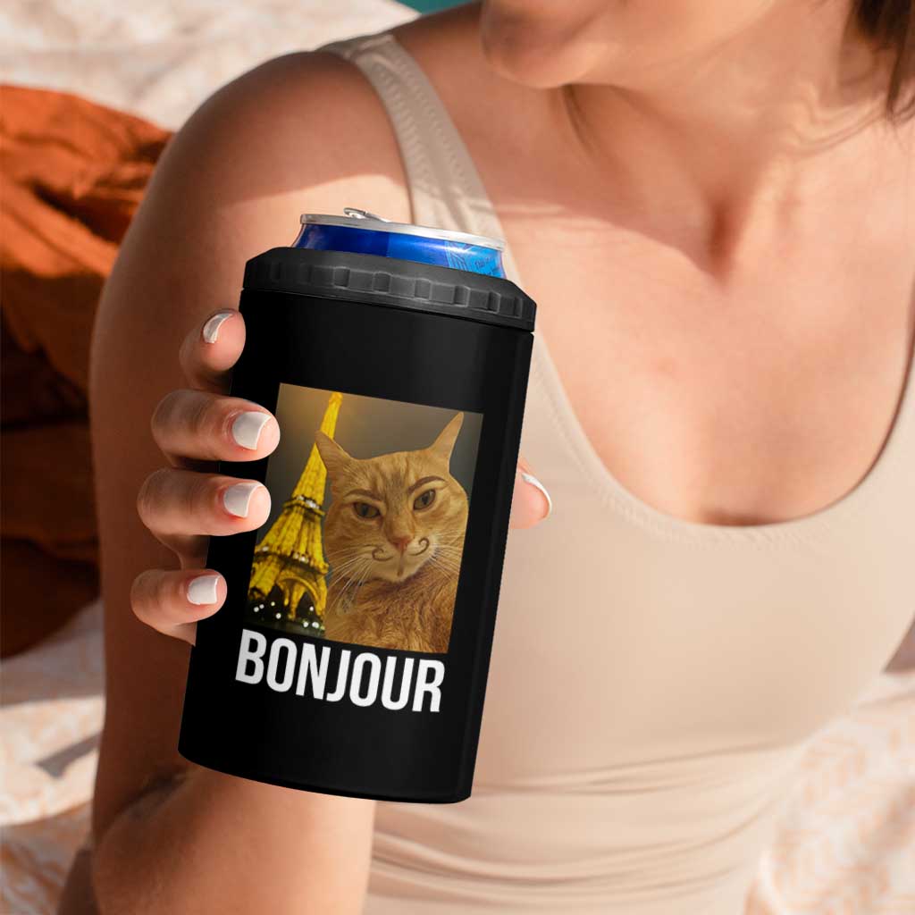 Funny Cat Bonjour 4 in 1 Can Cooler Tumbler Paris France Eiffel Tower Orange Cat Meme - Wonder Print Shop