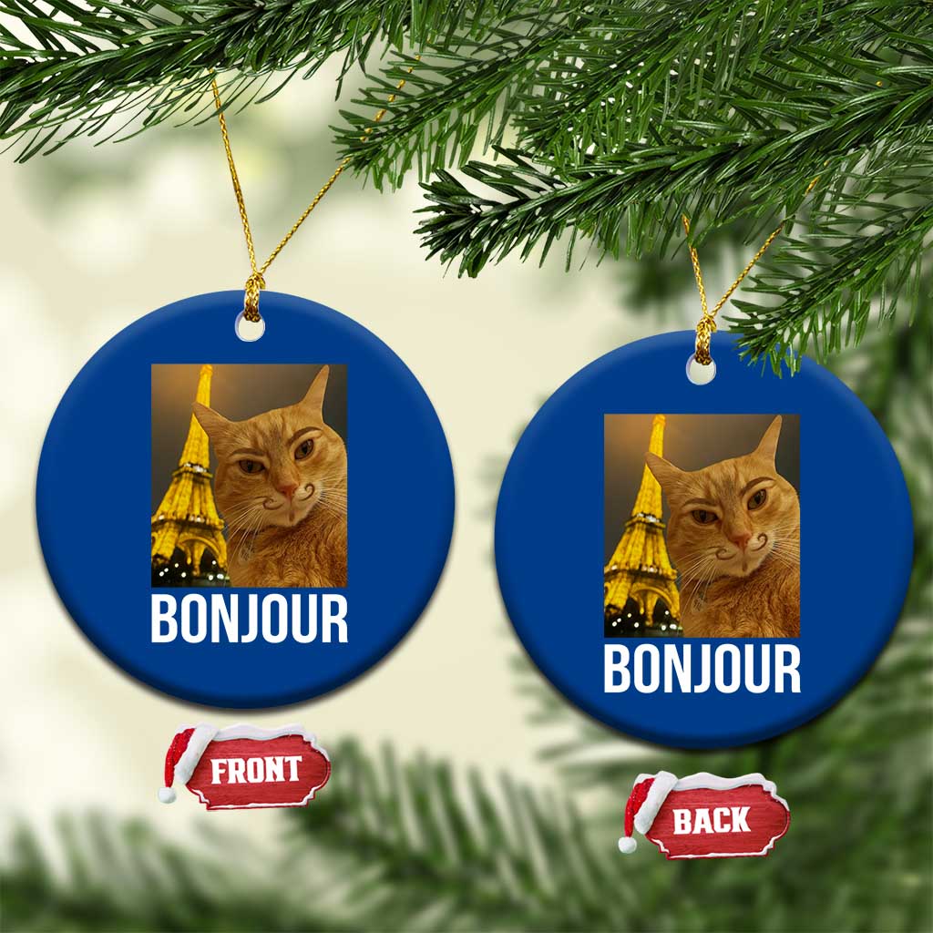 Funny Cat Bonjour Ceramic Ornament Paris France Eiffel Tower Orange Cat Meme - Wonder Print Shop