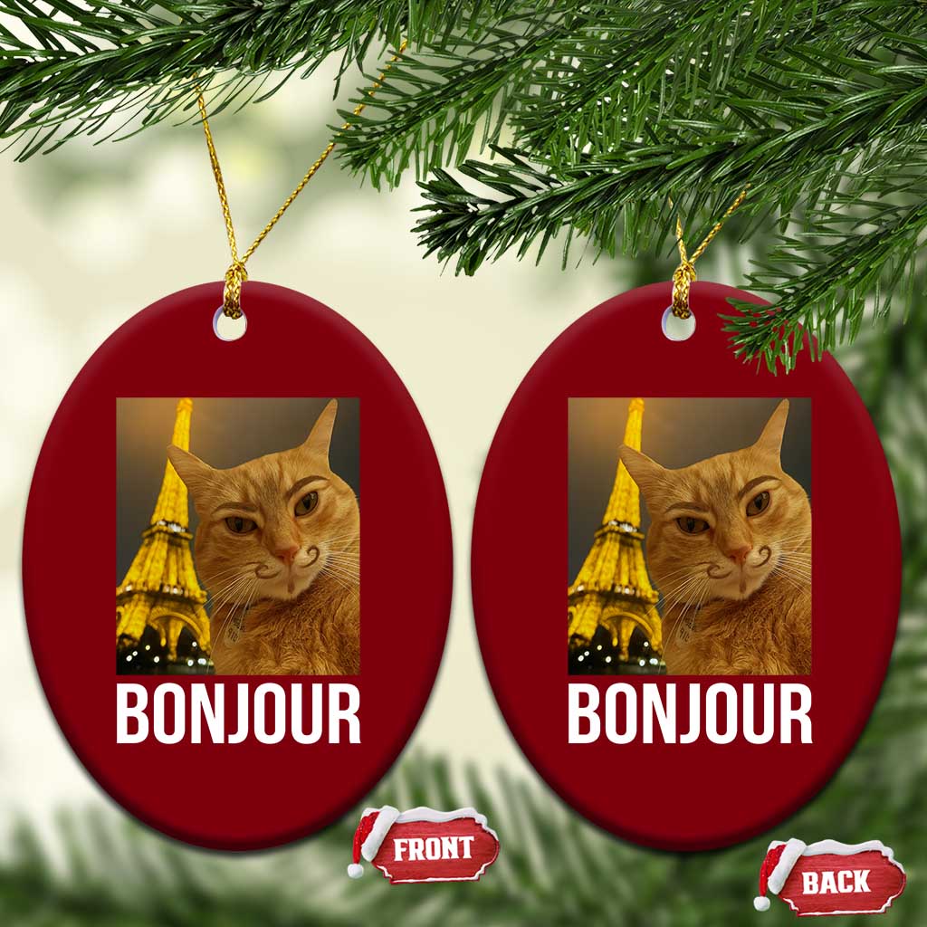Funny Cat Bonjour Ceramic Ornament Paris France Eiffel Tower Orange Cat Meme - Wonder Print Shop