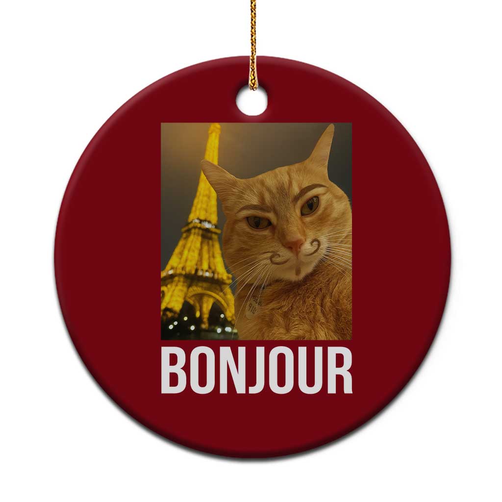 Funny Cat Bonjour Ceramic Ornament Paris France Eiffel Tower Orange Cat Meme - Wonder Print Shop