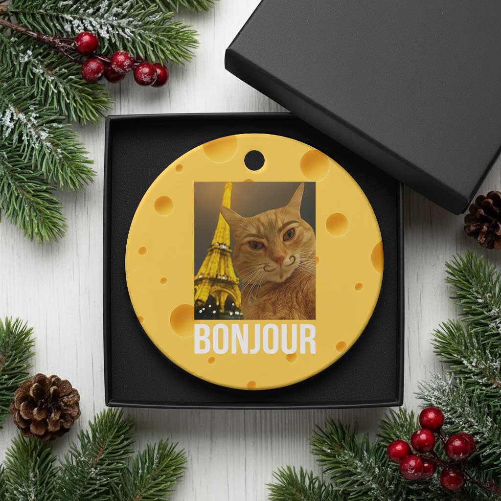 Funny Cat Bonjour Ceramic Ornament Paris France Eiffel Tower Orange Cat Meme - Wonder Print Shop
