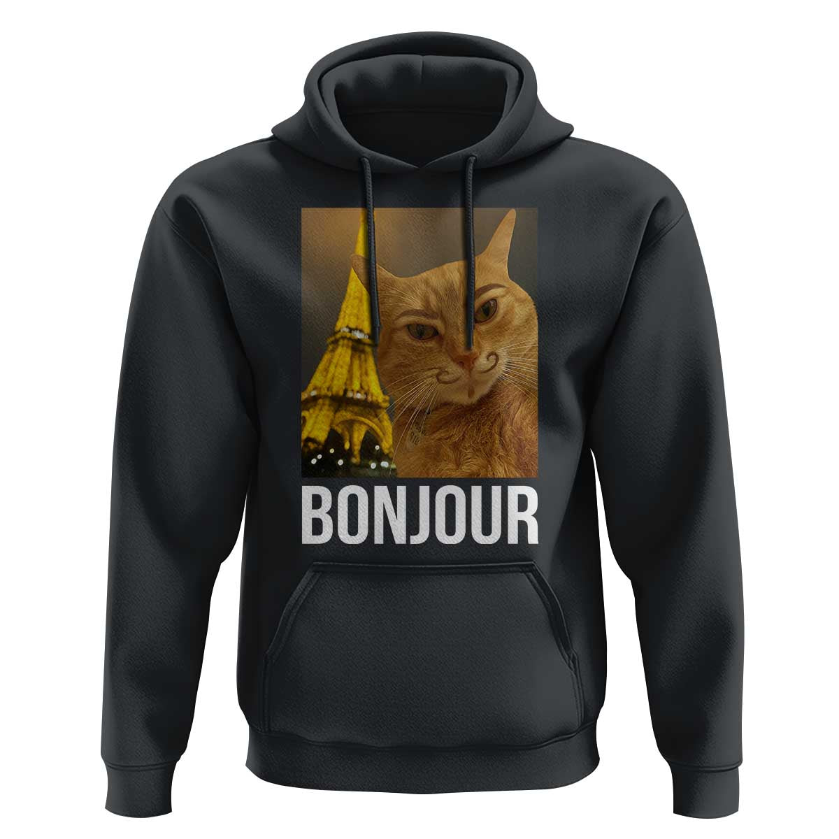 Funny Cat Bonjour Hoodie Paris France Eiffel Tower Orange Cat Meme - Wonder Print Shop