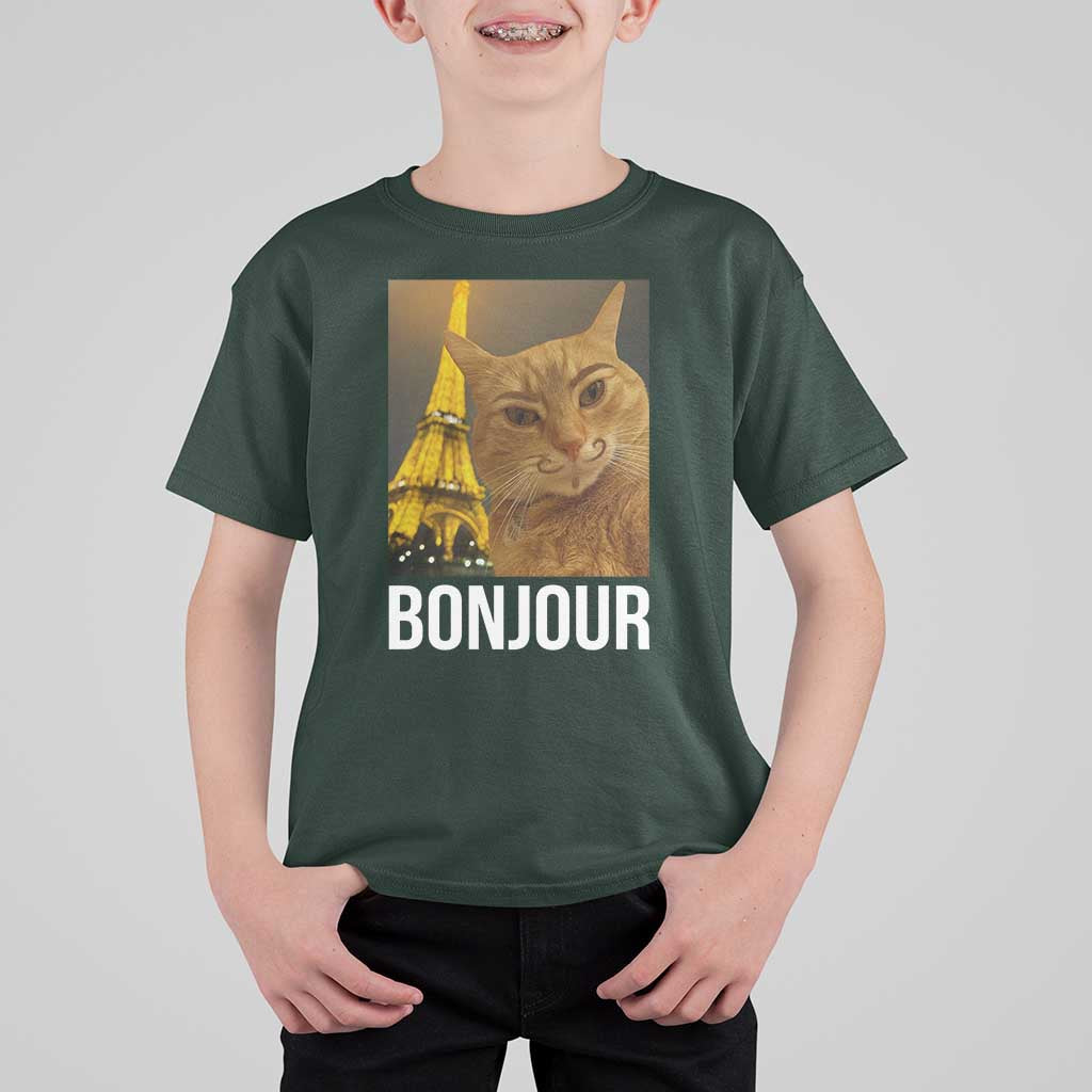 Funny Cat Bonjour T Shirt For Kid Paris France Eiffel Tower Orange Cat Meme - Wonder Print Shop