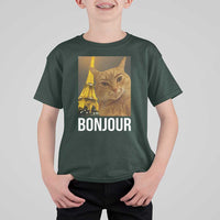 Funny Cat Bonjour T Shirt For Kid Paris France Eiffel Tower Orange Cat Meme - Wonder Print Shop