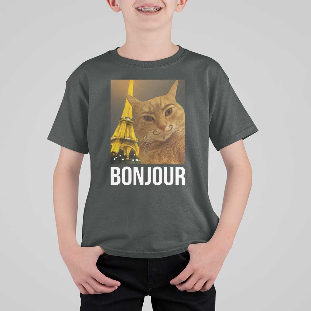 Funny Cat Bonjour T Shirt For Kid Paris France Eiffel Tower Orange Cat Meme - Wonder Print Shop