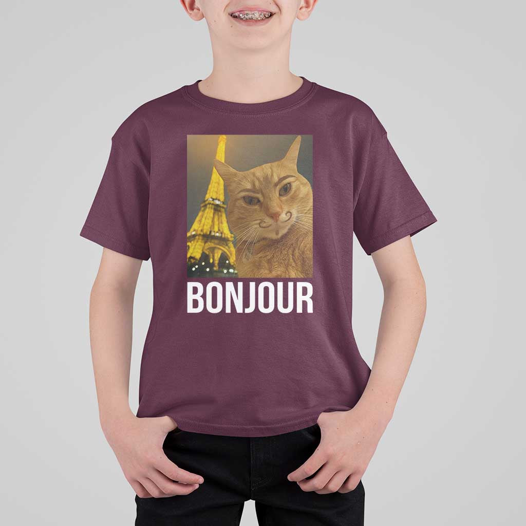 Funny Cat Bonjour T Shirt For Kid Paris France Eiffel Tower Orange Cat Meme - Wonder Print Shop