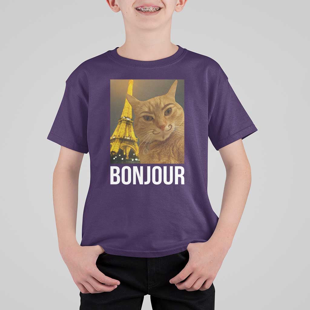 Funny Cat Bonjour T Shirt For Kid Paris France Eiffel Tower Orange Cat Meme - Wonder Print Shop