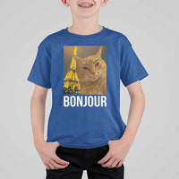 Funny Cat Bonjour T Shirt For Kid Paris France Eiffel Tower Orange Cat Meme - Wonder Print Shop