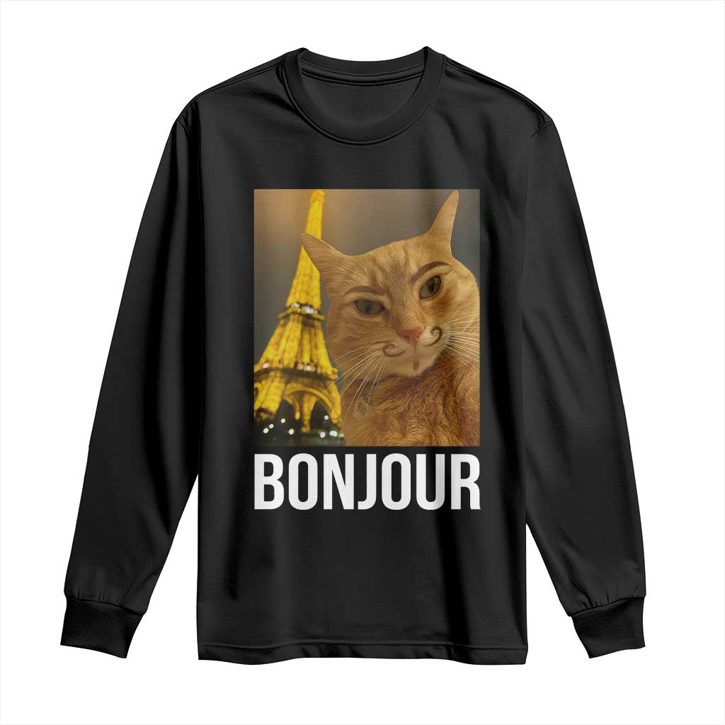 Funny Cat Bonjour Long Sleeve Shirt Paris France Eiffel Tower Orange Cat Meme - Wonder Print Shop