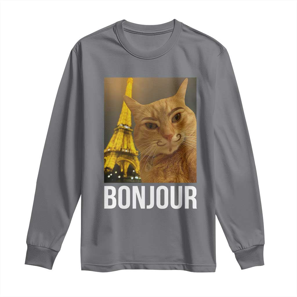 Funny Cat Bonjour Long Sleeve Shirt Paris France Eiffel Tower Orange Cat Meme - Wonder Print Shop