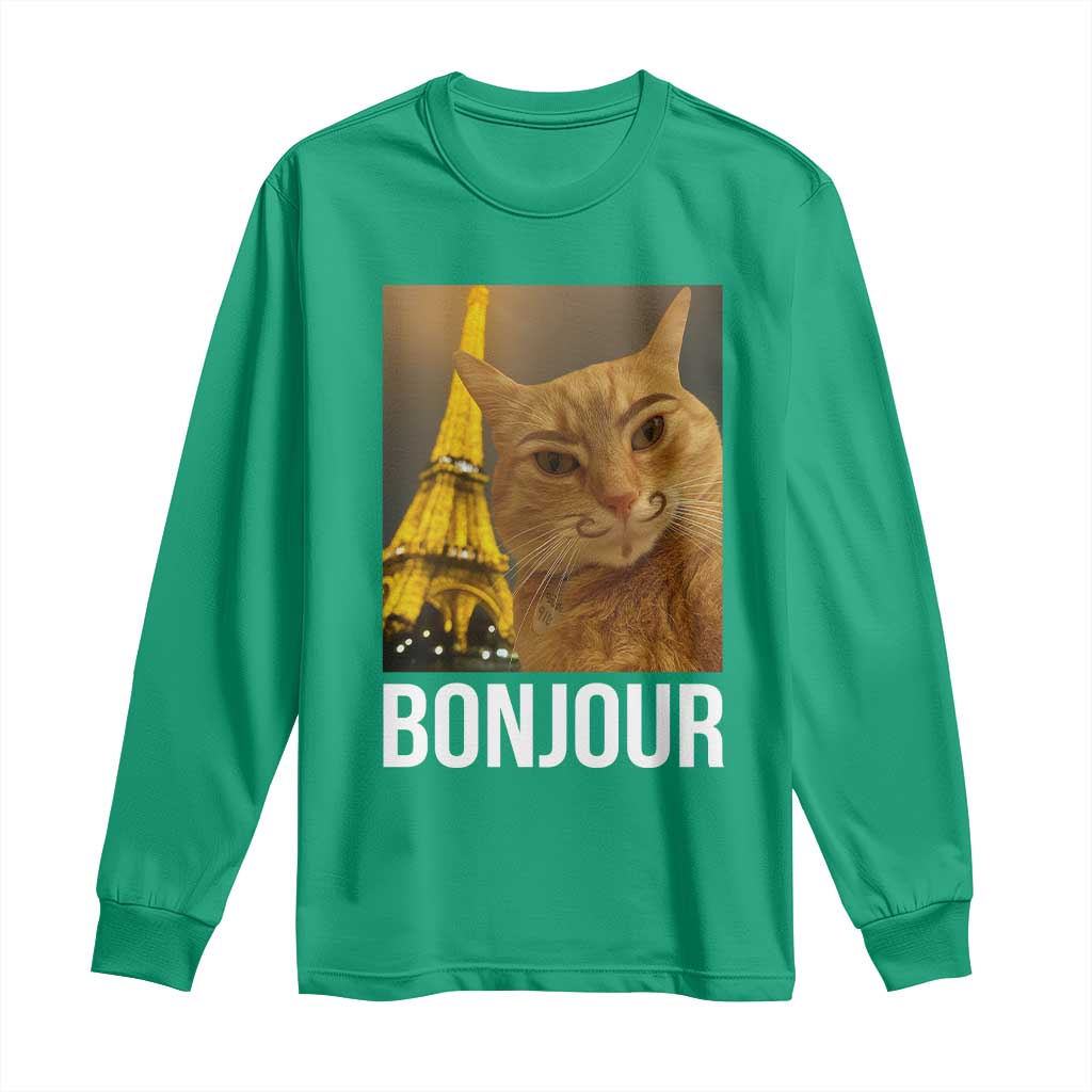 Funny Cat Bonjour Long Sleeve Shirt Paris France Eiffel Tower Orange Cat Meme - Wonder Print Shop