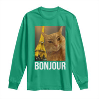 Funny Cat Bonjour Long Sleeve Shirt Paris France Eiffel Tower Orange Cat Meme - Wonder Print Shop