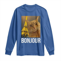 Funny Cat Bonjour Long Sleeve Shirt Paris France Eiffel Tower Orange Cat Meme - Wonder Print Shop